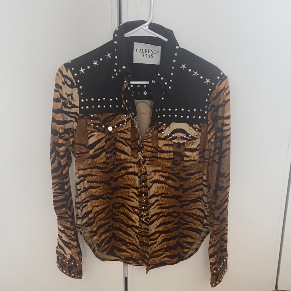 Laurence Bras Studded Tiger Print Button-Up Shirt